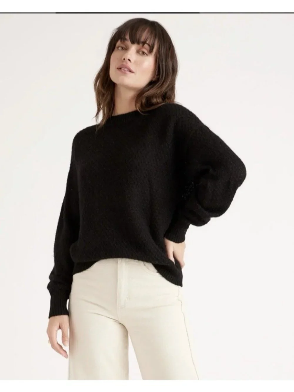 Quince Baby Alpaca Wool Diamond Stitch Crew Neck Sweater Black Size S